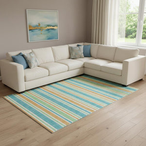 HomeRoots 8' X 10' Teal and Orange Striped Area Rug - Durable, UV-Protected, Washable for Indoor/Outdoor Use 647882