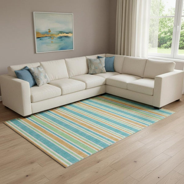 HomeRoots 8' X 10' Teal and Orange Striped Area Rug - Durable, UV-Protected, Washable for Indoor/Outdoor Use 647882