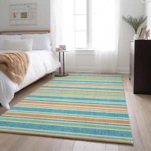 HomeRoots 8' X 10' Teal and Orange Striped Area Rug - Durable, UV-Protected, Washable for Indoor/Outdoor Use 647882