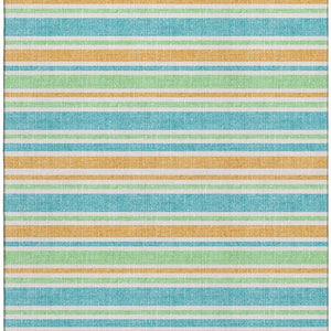 HomeRoots 8' X 10' Teal and Orange Striped Area Rug - Durable, UV-Protected, Washable for Indoor/Outdoor Use 647882