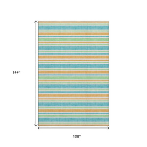 HomeRoots 9' X 12' Colorful Teal & Orange Striped Washable Area Rug with Stain Resistance & UV Protection 647883