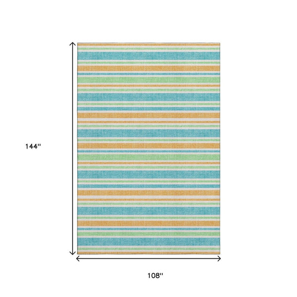 HomeRoots 9' X 12' Colorful Teal & Orange Striped Washable Area Rug with Stain Resistance & UV Protection 647883