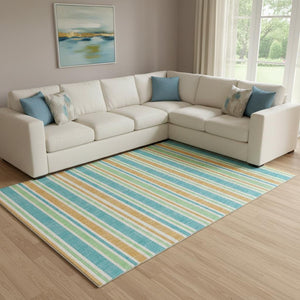 HomeRoots 9' X 12' Colorful Teal & Orange Striped Washable Area Rug with Stain Resistance & UV Protection 647883