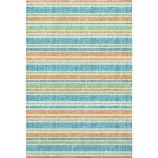 HomeRoots 9' X 12' Colorful Teal & Orange Striped Washable Area Rug with Stain Resistance & UV Protection 647883