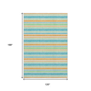 HomeRoots 10' Teal and Orange Striped Washable Area Rug - UV Protected, Durable, Stylish for Busy Homes! 647884