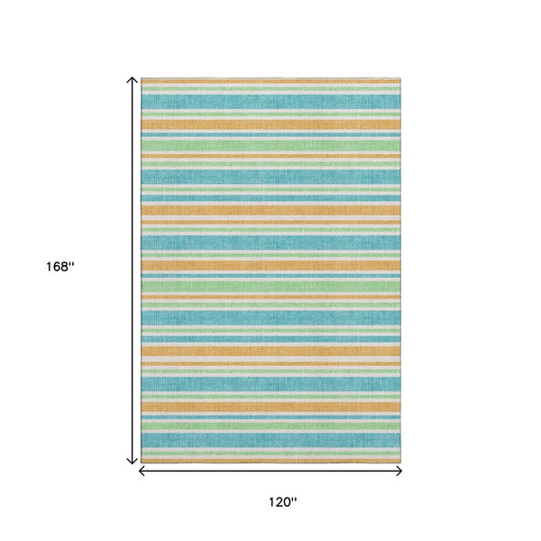 HomeRoots 10' Teal and Orange Striped Washable Area Rug - UV Protected, Durable, Stylish for Busy Homes! 647884