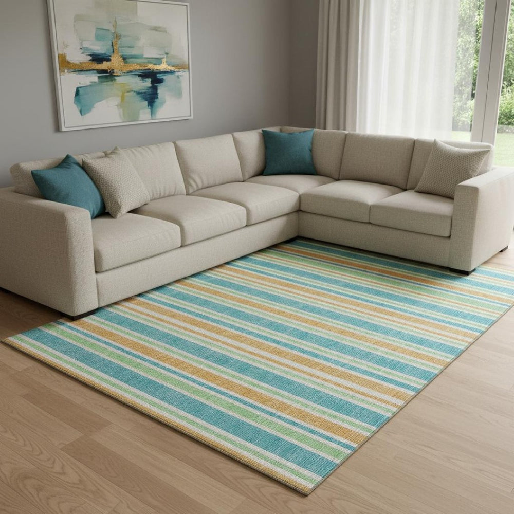 HomeRoots 10' Teal and Orange Striped Washable Area Rug - UV Protected, Durable, Stylish for Busy Homes! 647884