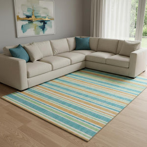 HomeRoots 10' Teal and Orange Striped Washable Area Rug - UV Protected, Durable, Stylish for Busy Homes! 647884