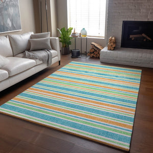 HomeRoots 10' Teal and Orange Striped Washable Area Rug - UV Protected, Durable, Stylish for Busy Homes! 647884
