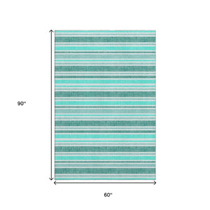 HomeRoots 5' X 8' Turquoise & Ivory Striped Area Rug - Washable, UV-Protected, Durable for High-Traffic Homes 647886