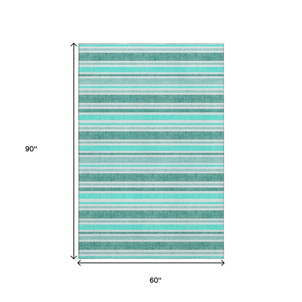 HomeRoots 5' X 8' Turquoise & Ivory Striped Area Rug - Washable, UV-Protected, Durable for High-Traffic Homes 647886