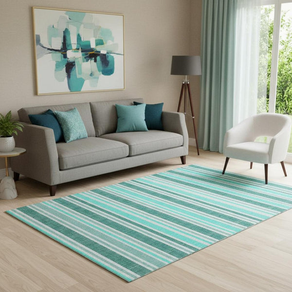 HomeRoots 5' X 8' Turquoise & Ivory Striped Area Rug - Washable, UV-Protected, Durable for High-Traffic Homes 647886