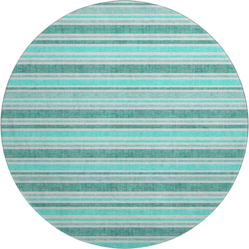 HomeRoots 8' Turquoise & Ivory Striped Round Rug – Washable, UV Protected, Durable for Indoor & Outdoor Use 647887