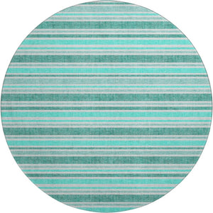 HomeRoots 8' Turquoise & Ivory Striped Round Rug – Washable, UV Protected, Durable for Indoor & Outdoor Use 647887