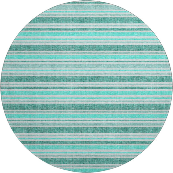 HomeRoots 8' Turquoise & Ivory Striped Round Rug – Washable, UV Protected, Durable for Indoor & Outdoor Use 647887
