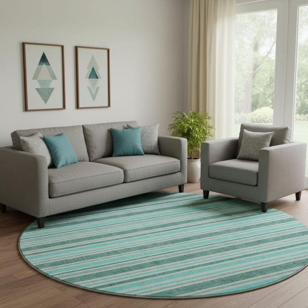 HomeRoots 8' Turquoise & Ivory Striped Round Rug – Washable, UV Protected, Durable for Indoor & Outdoor Use 647887