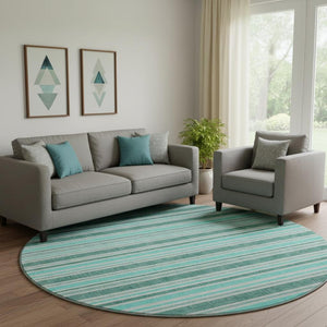 HomeRoots 8' Turquoise & Ivory Striped Round Rug – Washable, UV Protected, Durable for Indoor & Outdoor Use 647887
