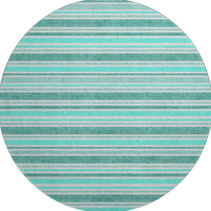 HomeRoots 8' Turquoise & Ivory Striped Round Rug – Washable, UV Protected, Durable for Indoor & Outdoor Use 647887