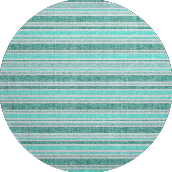 HomeRoots 8' Turquoise & Ivory Striped Round Rug – Washable, UV Protected, Durable for Indoor & Outdoor Use 647887