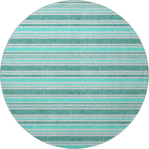 HomeRoots 8' Turquoise & Ivory Striped Round Rug – Washable, UV Protected, Durable for Indoor & Outdoor Use 647887