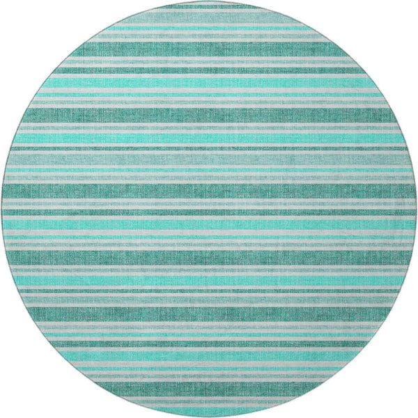 HomeRoots 8' Turquoise & Ivory Striped Round Rug – Washable, UV Protected, Durable for Indoor & Outdoor Use 647887
