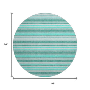HomeRoots 8' Turquoise & Ivory Striped Round Rug – Washable, UV Protected, Durable for Indoor & Outdoor Use 647887