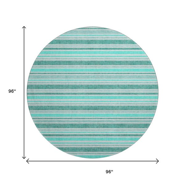 HomeRoots 8' Turquoise & Ivory Striped Round Rug – Washable, UV Protected, Durable for Indoor & Outdoor Use 647887