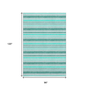 HomeRoots 8' X 10' Turquoise & Ivory Striped Area Rug - Washable, UV-Protected, Durable & Stylish Décor Piece 647888