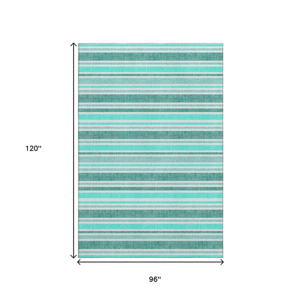 HomeRoots 8' X 10' Turquoise & Ivory Striped Area Rug - Washable, UV-Protected, Durable & Stylish Décor Piece 647888