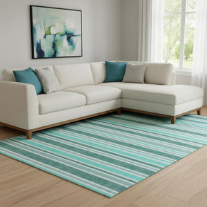HomeRoots 8' X 10' Turquoise & Ivory Striped Area Rug - Washable, UV-Protected, Durable & Stylish Décor Piece 647888