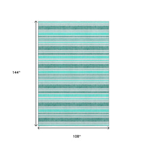 HomeRoots 9' X 12' Turquoise & Ivory Striped Washable Area Rug - Durable, UV-Protected, Easy-Care Design! 647889