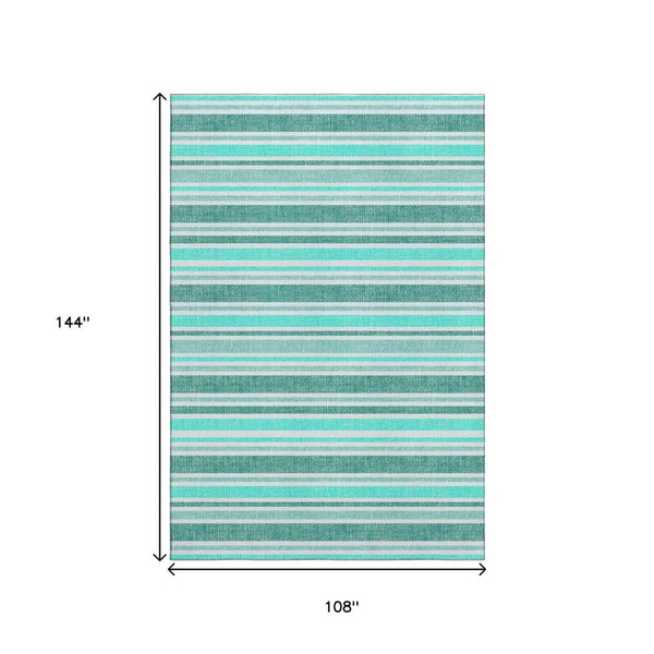 HomeRoots 9' X 12' Turquoise & Ivory Striped Washable Area Rug - Durable, UV-Protected, Easy-Care Design! 647889