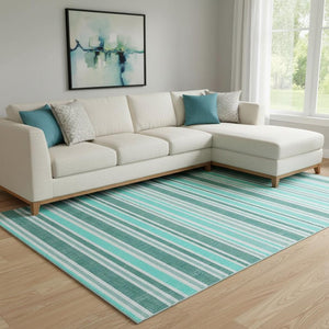 HomeRoots 9' X 12' Turquoise & Ivory Striped Washable Area Rug - Durable, UV-Protected, Easy-Care Design! 647889