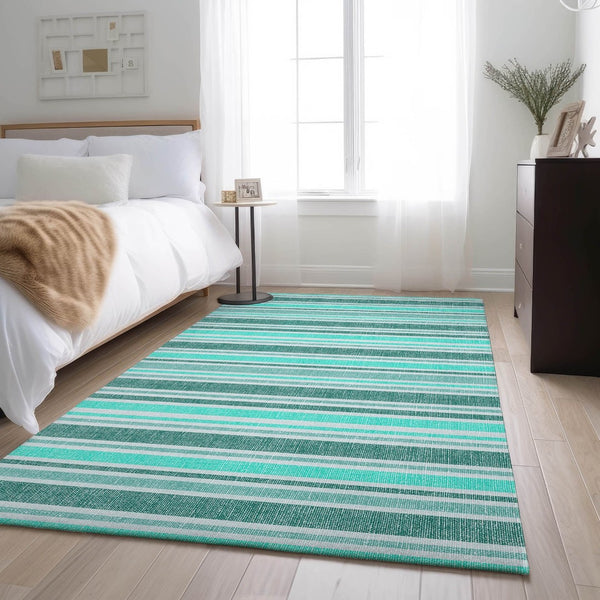 HomeRoots 9' X 12' Turquoise & Ivory Striped Washable Area Rug - Durable, UV-Protected, Easy-Care Design! 647889