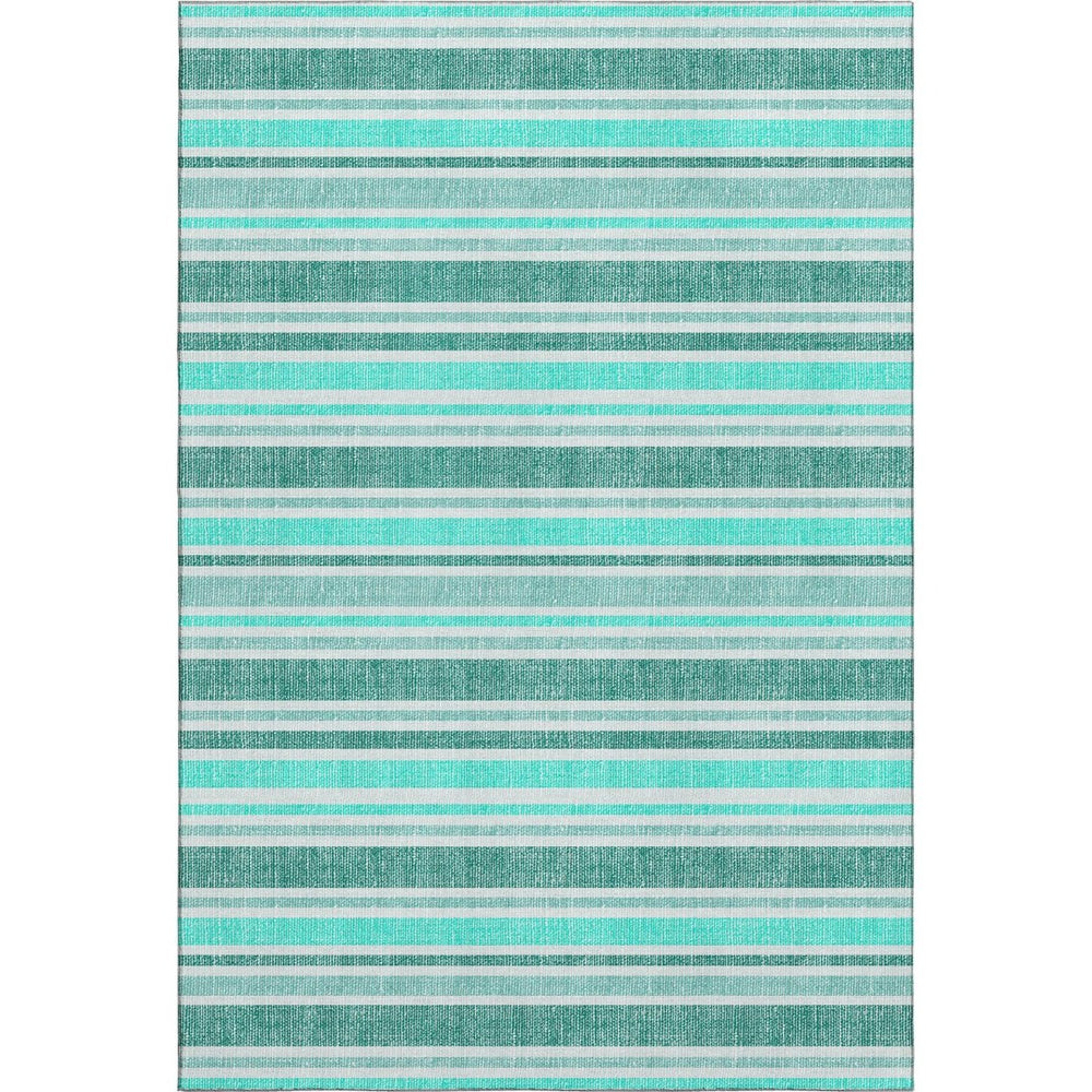 HomeRoots 9' X 12' Turquoise & Ivory Striped Washable Area Rug - Durable, UV-Protected, Easy-Care Design! 647889