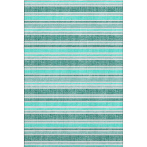 HomeRoots 9' X 12' Turquoise & Ivory Striped Washable Area Rug - Durable, UV-Protected, Easy-Care Design! 647889