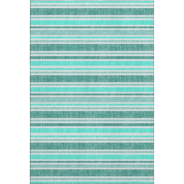 HomeRoots 9' X 12' Turquoise & Ivory Striped Washable Area Rug - Durable, UV-Protected, Easy-Care Design! 647889