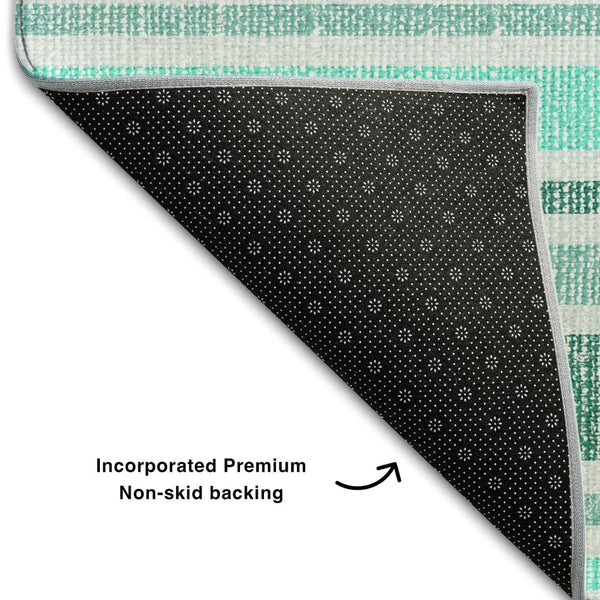 HomeRoots 9' X 12' Turquoise & Ivory Striped Washable Area Rug - Durable, UV-Protected, Easy-Care Design! 647889