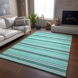 HomeRoots 9' X 12' Turquoise & Ivory Striped Washable Area Rug - Durable, UV-Protected, Easy-Care Design! 647889