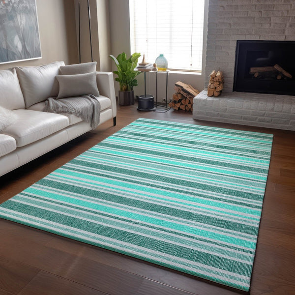 HomeRoots 9' X 12' Turquoise & Ivory Striped Washable Area Rug - Durable, UV-Protected, Easy-Care Design! 647889