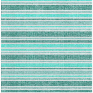 HomeRoots 9' X 12' Turquoise & Ivory Striped Washable Area Rug - Durable, UV-Protected, Easy-Care Design! 647889