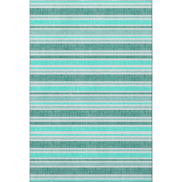 HomeRoots 9' X 12' Turquoise & Ivory Striped Washable Area Rug - Durable, UV-Protected, Easy-Care Design! 647889