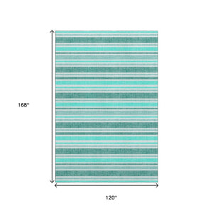 HomeRoots 10' X 14' Turquoise and Ivory Striped Area Rug - Washable, UV-Protected, Pet-Friendly Design! 647890