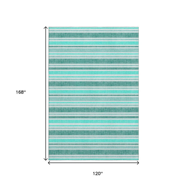 HomeRoots 10' X 14' Turquoise and Ivory Striped Area Rug - Washable, UV-Protected, Pet-Friendly Design! 647890