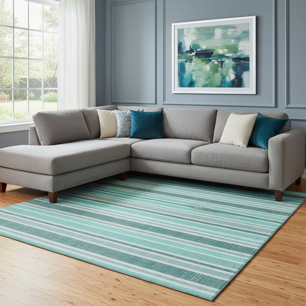 HomeRoots 10' X 14' Turquoise and Ivory Striped Area Rug - Washable, UV-Protected, Pet-Friendly Design! 647890