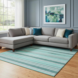 HomeRoots 10' X 14' Turquoise and Ivory Striped Area Rug - Washable, UV-Protected, Pet-Friendly Design! 647890
