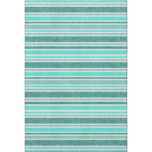 HomeRoots 10' X 14' Turquoise and Ivory Striped Area Rug - Washable, UV-Protected, Pet-Friendly Design! 647890
