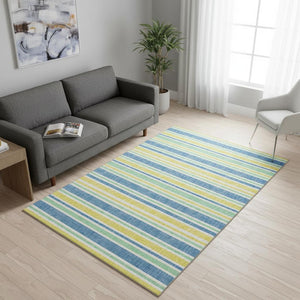 HomeRoots 5' X 8' Striped Yellow and Blue Area Rug – Durable, UV-Protected, Stain Resistant for High-Traffic Areas 647892