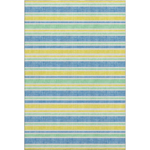HomeRoots 5' X 8' Striped Yellow and Blue Area Rug – Durable, UV-Protected, Stain Resistant for High-Traffic Areas 647892