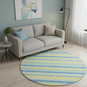 HomeRoots 8' Yellow And Blue Striped Washable Round Rug - Durable, Stain-Resistant, UV Protected for Homes 647893